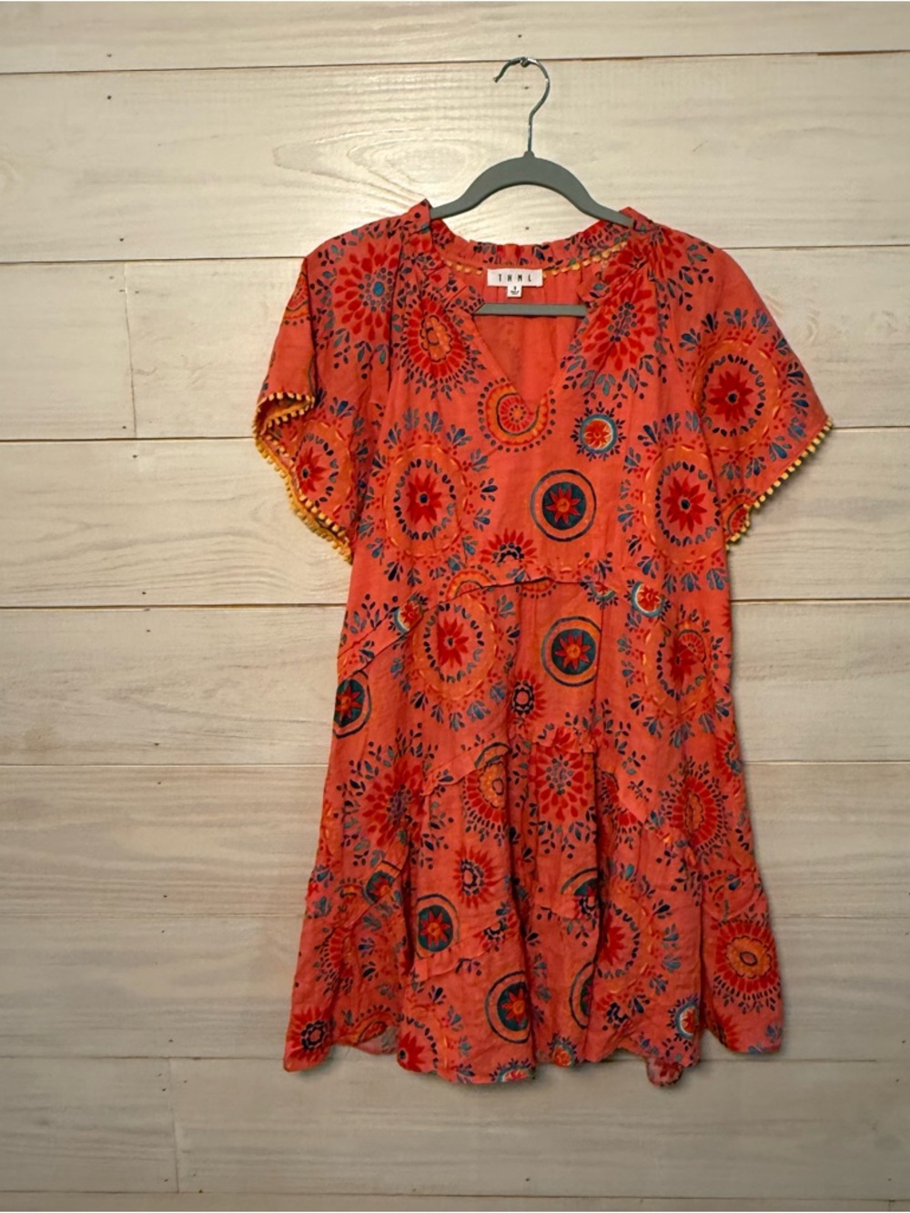 THML Floral Ruffle Mini Dress Small Bright Spring Summer Tiered Boho pom trim - Picture 3 of 11